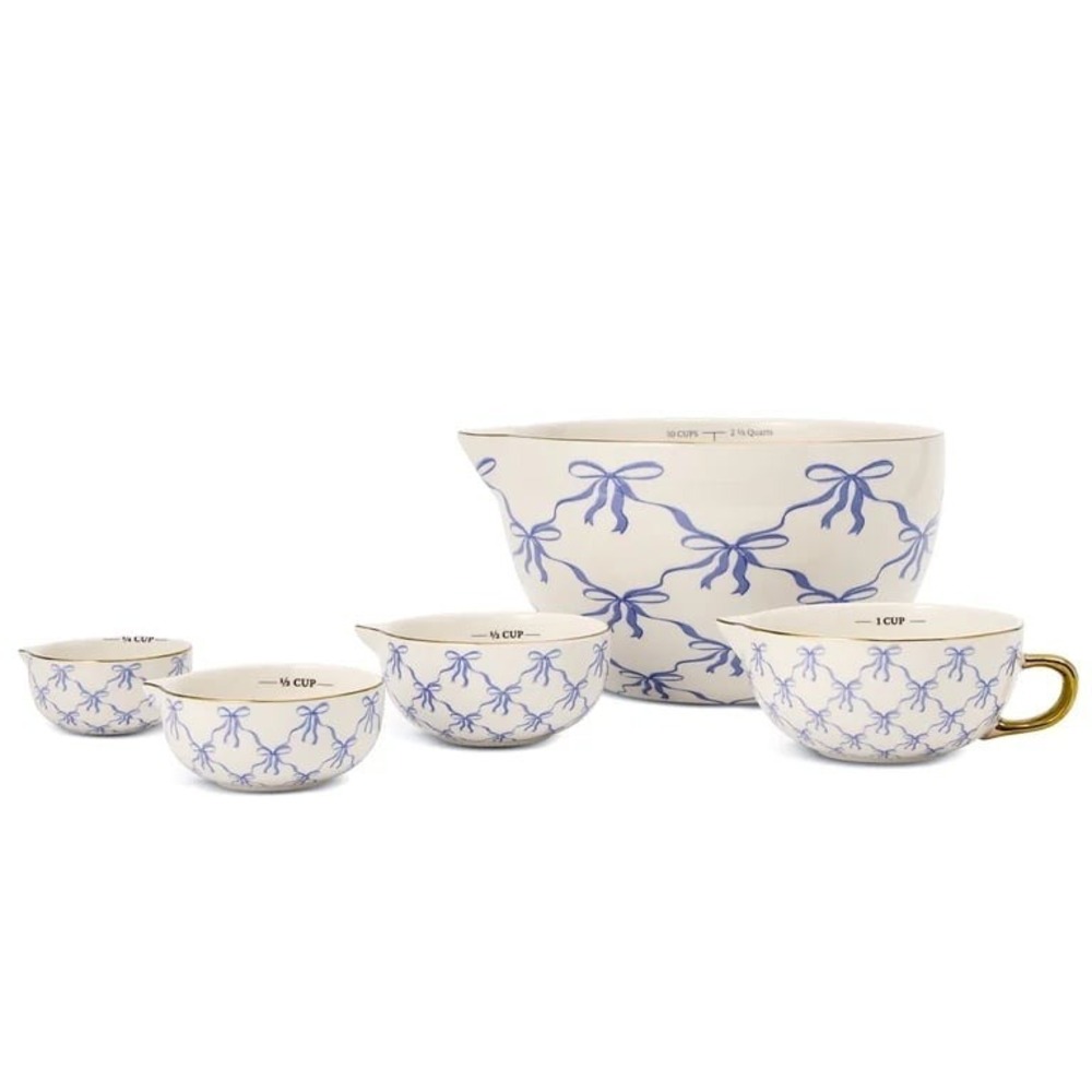 Thyme & Table Blue‎ Bow 5-Piece Ceramic Mixing Bowl & Measuring Cup Set